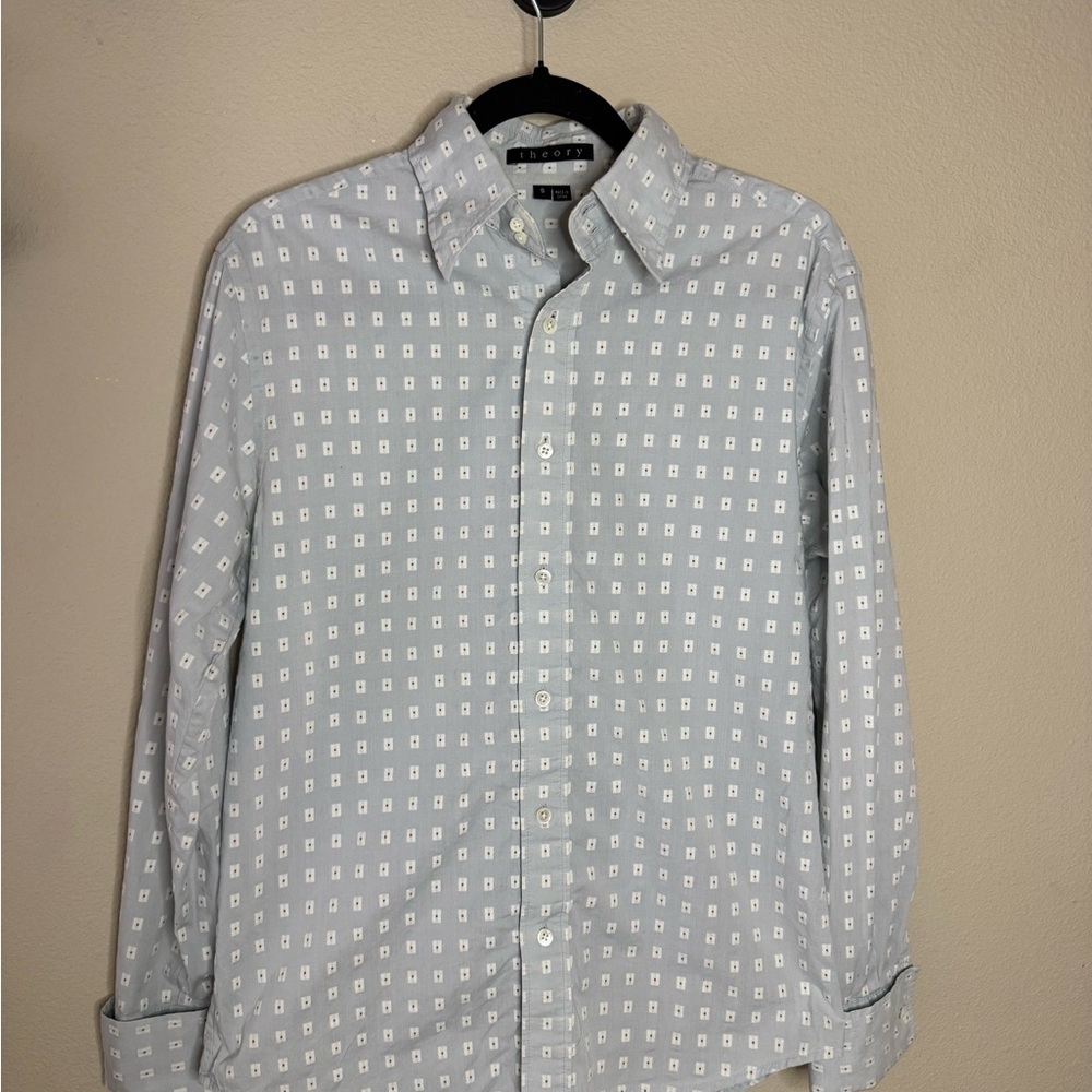 Theory Blue Geometric Button Down Shirt Small Minimal Preppy